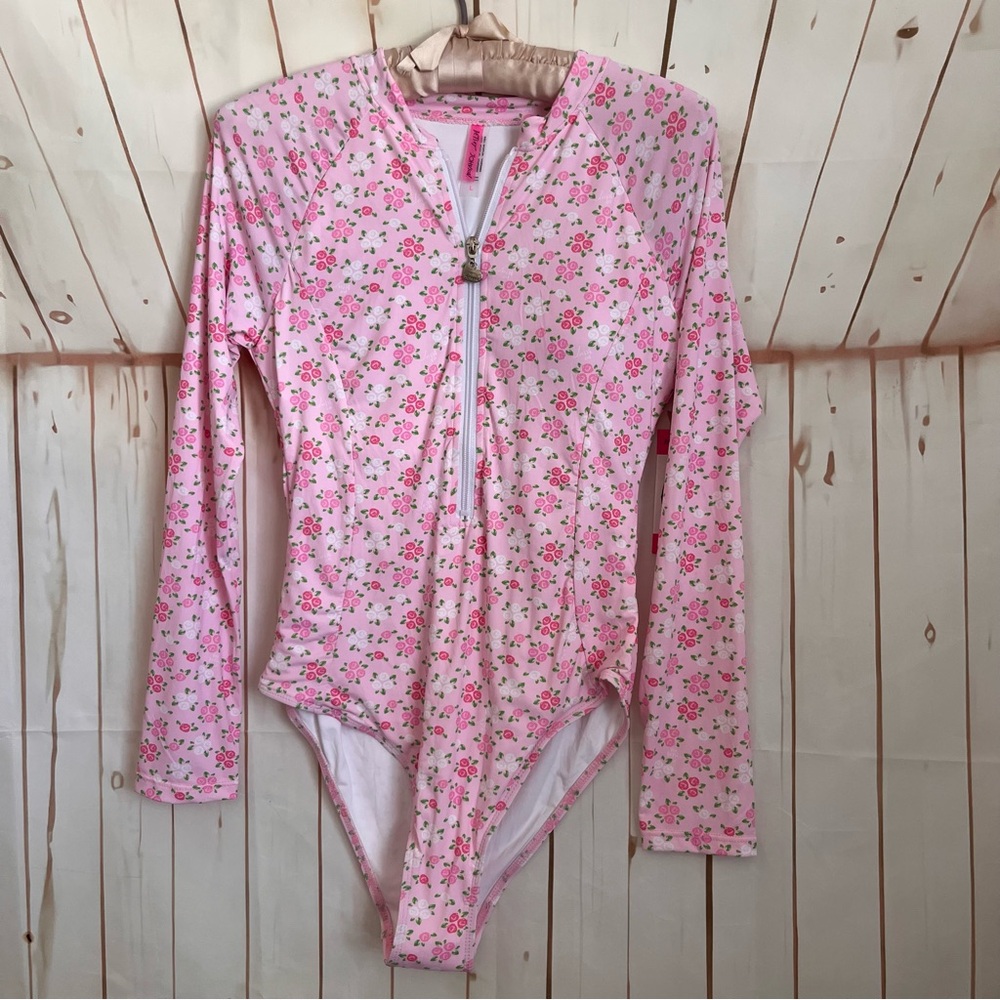 Betsey Johnson  Floral Long-Sleeve Rashguard Swimsuit with Front Zip